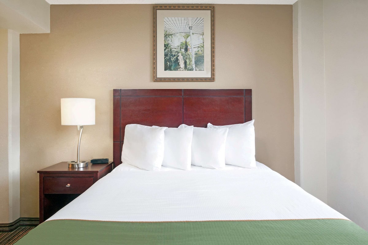 A hotel room with a large bed, a nightstand with a lamp, and a framed picture on the wall.