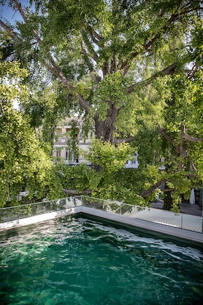 Indoor pool, seasonal outdoor pool, pool umbrellas, pool loungers
