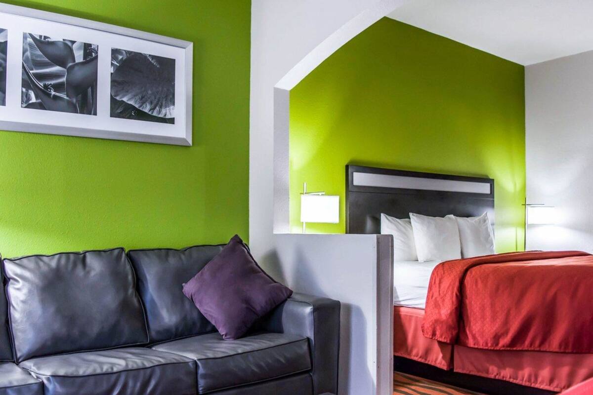Ein Hotelzimmer mit grüner Wand, einer schwarzen Ledersofa, einem roten Bett und einem weißen Kopfteil.