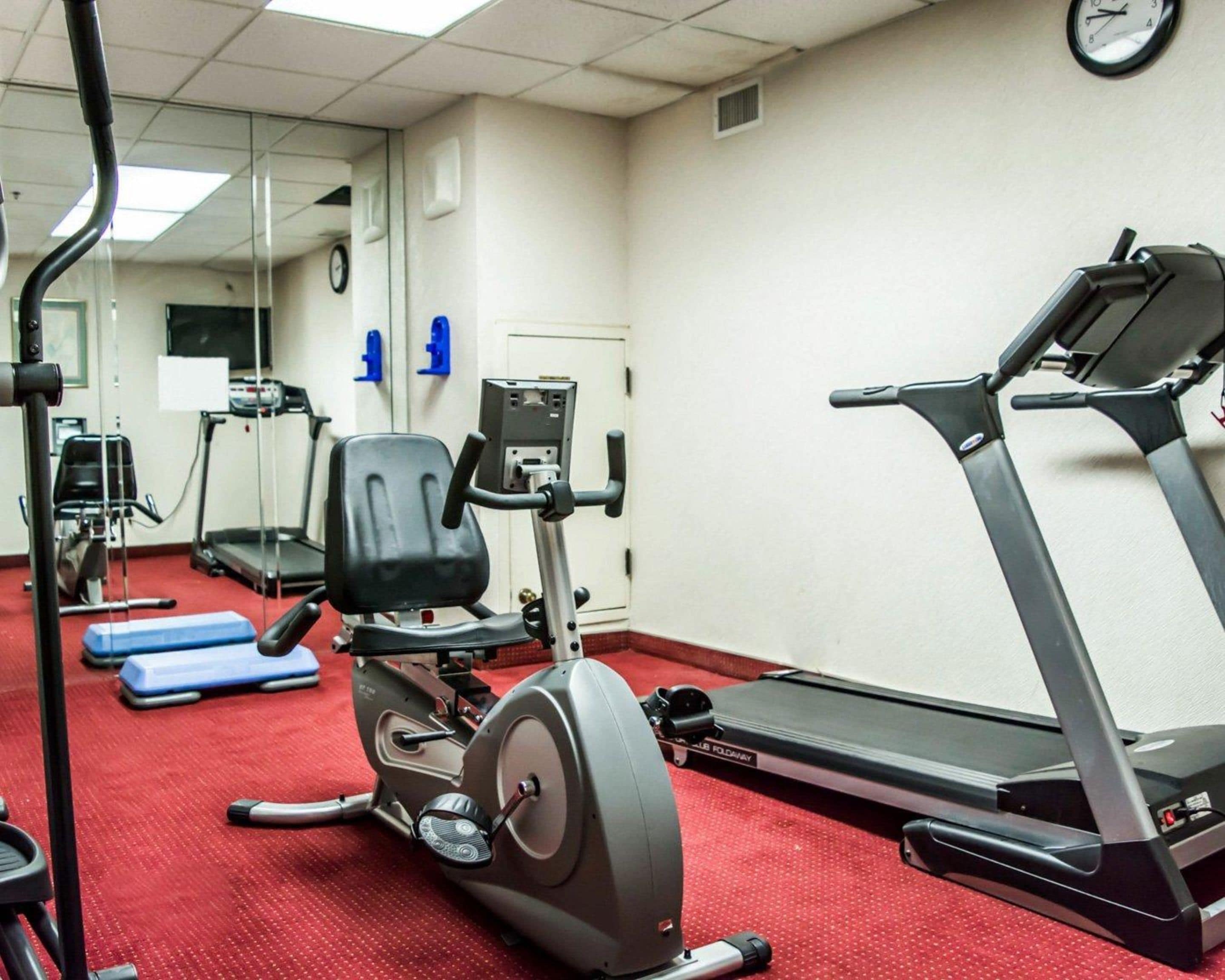 A gym with cardio equipment including a treadmill and an elliptical machine.