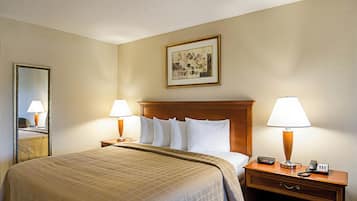 Una habitación de hotel con una cama, dos lámparas de noche, una mesita de noche con teléfono, un espejo y un cuadro enmarcado en la pared.