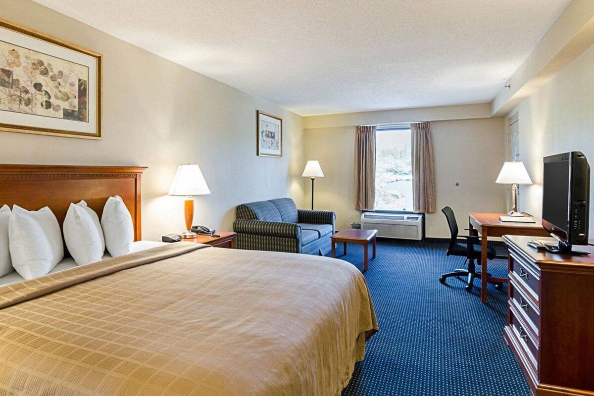 A hotel room with a bed, two chairs, a desk, a television, and a window with curtains.