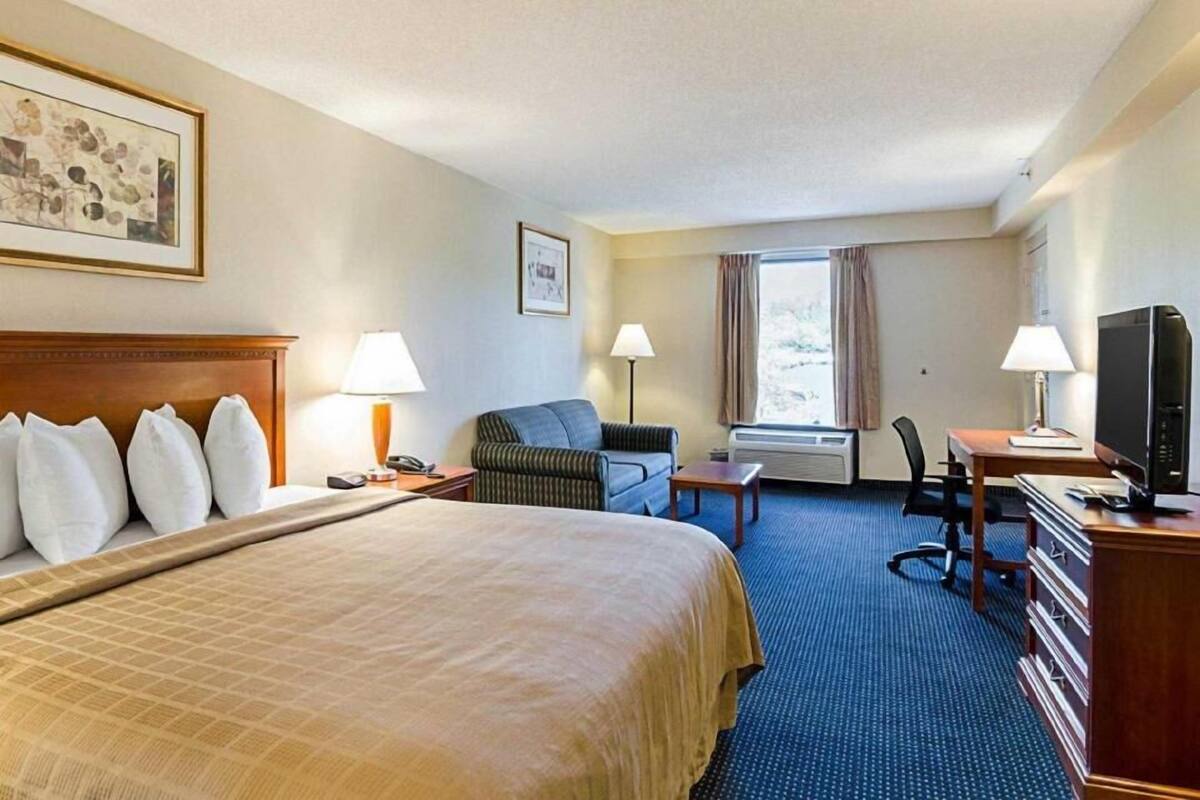 A hotel room with a bed, a desk, a chair, a television, and a window with curtains.
