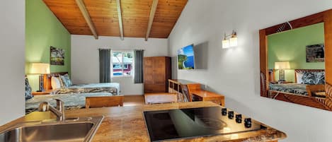 A room with a bed, a desk, a mirror, a sink, and a stove.
