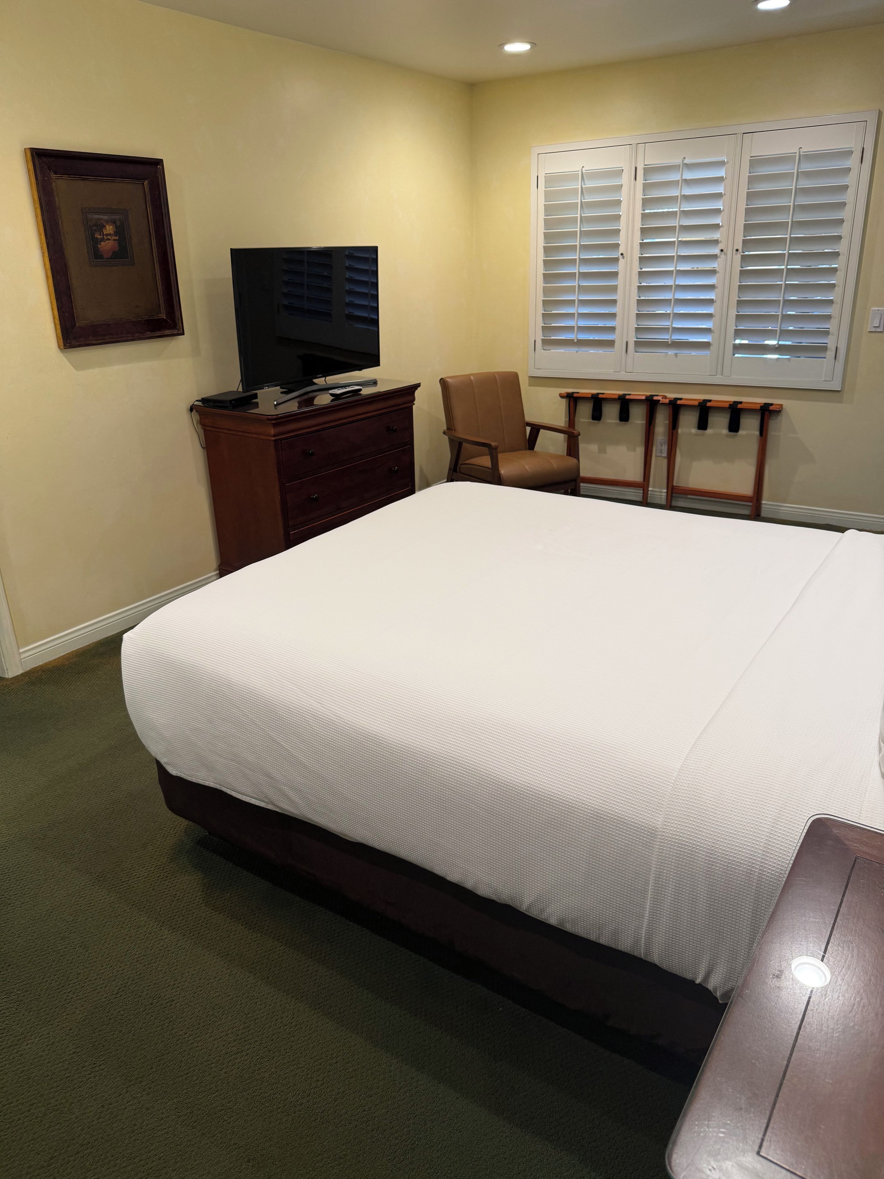 A hotel room with a large bed, a television on a dresser, a chair, and a window with blinds.