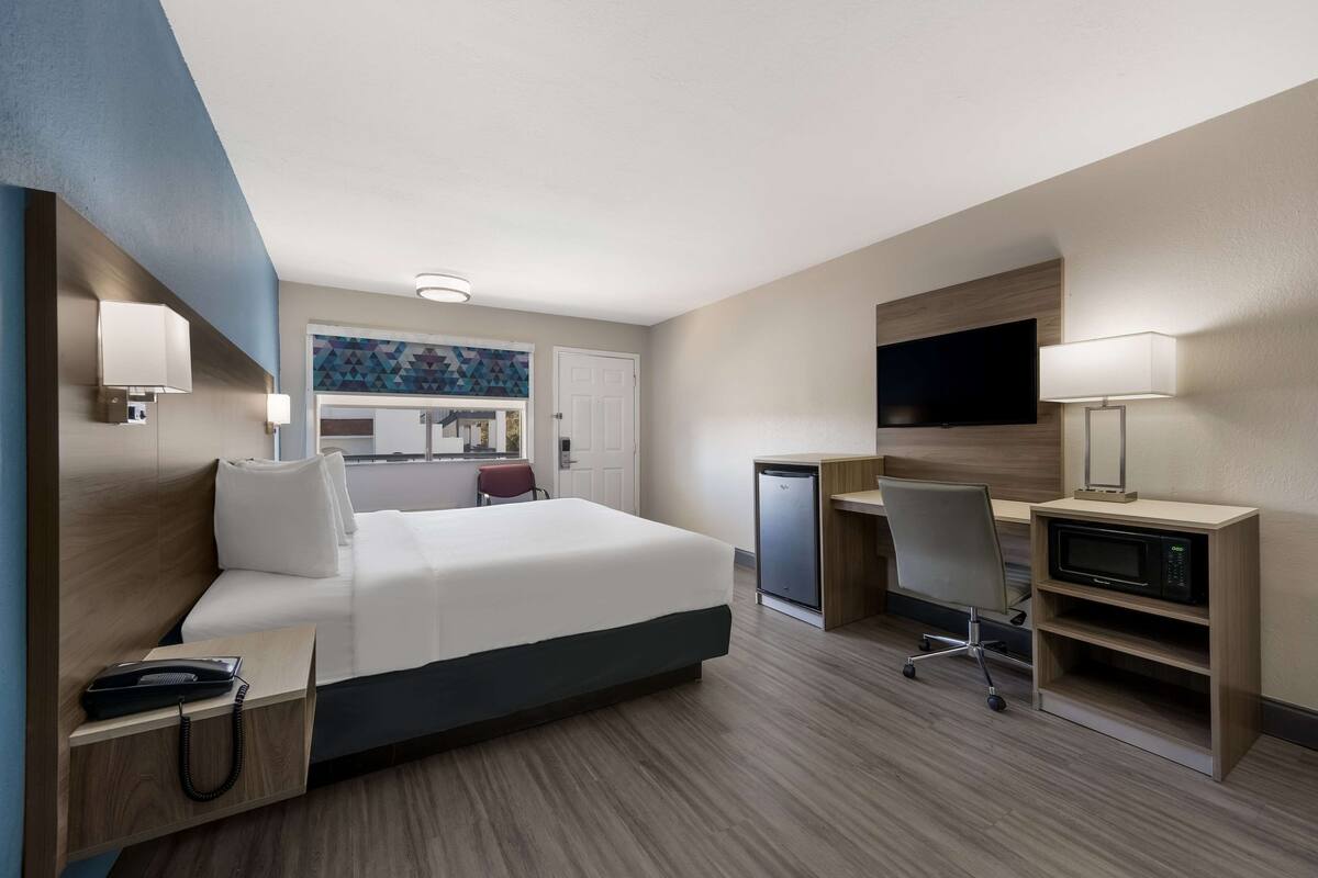A hotel room with a bed, desk, chair, microwave, and TV.