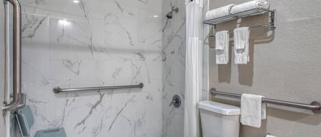 Baño con ducha, inodoro y barra de apoyo.