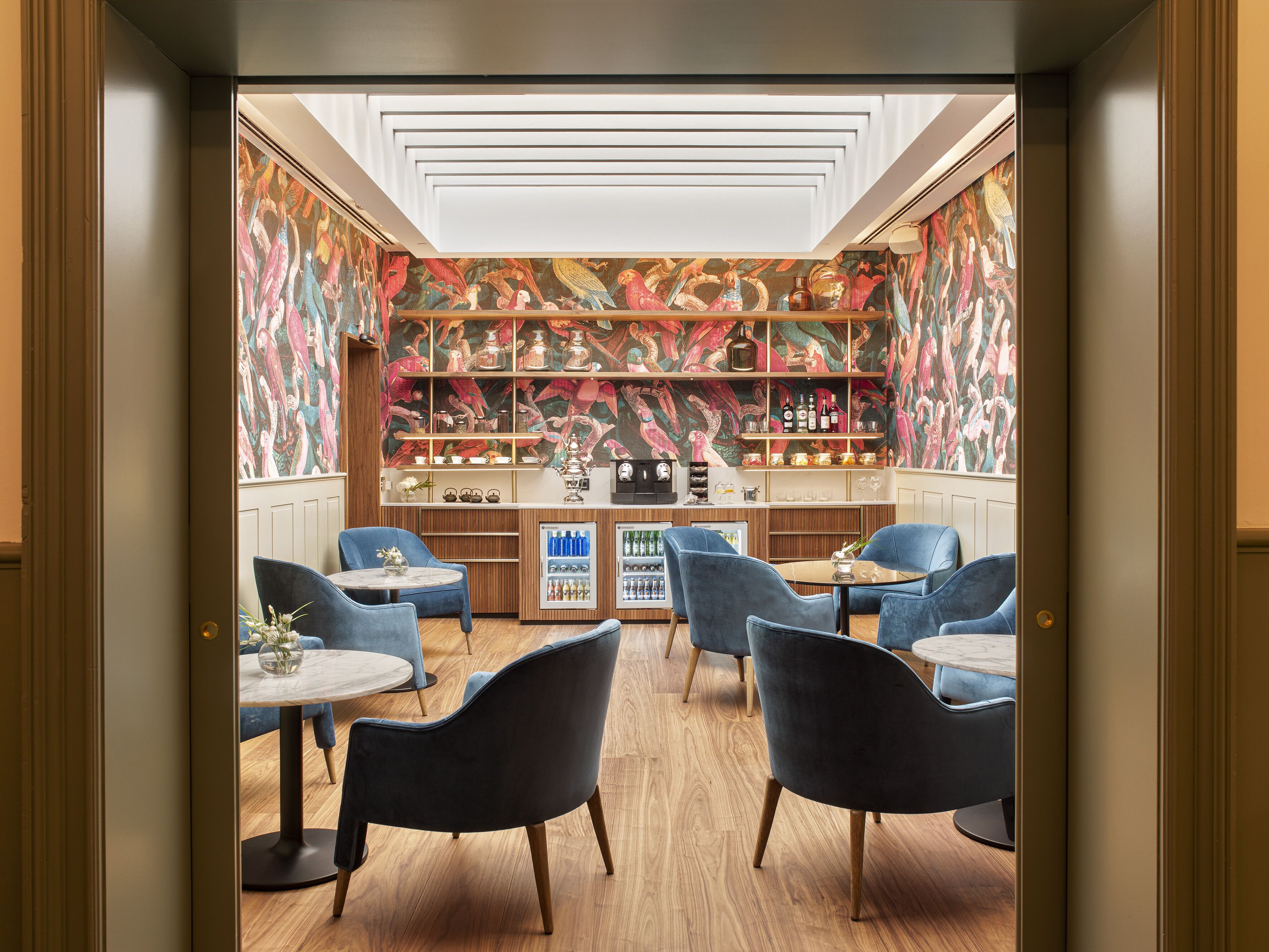 A bar area with wooden shelves, blue chairs, and a central bar counter.