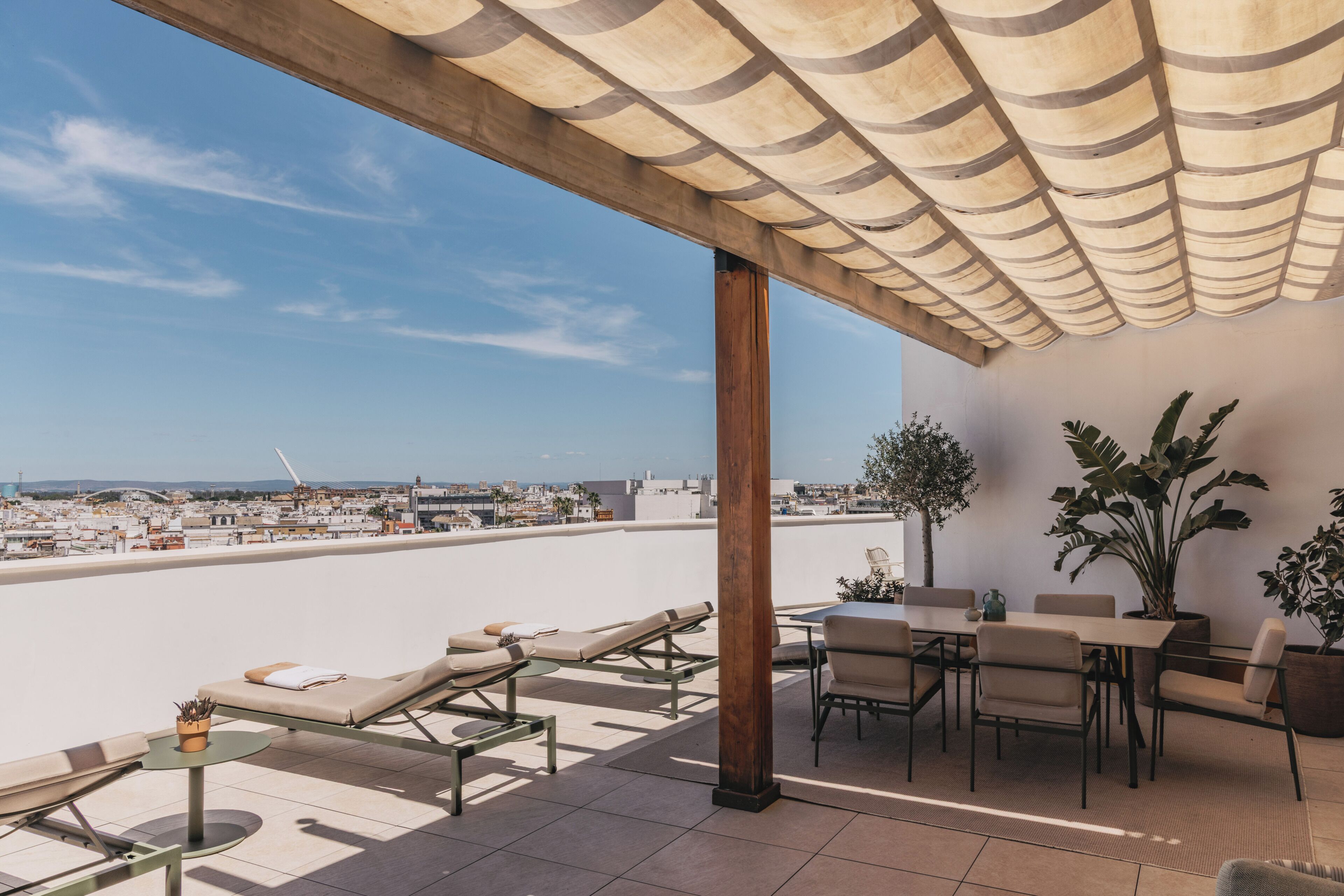 A rooftop terrace with lounge chairs, a dining table, and potted plants.