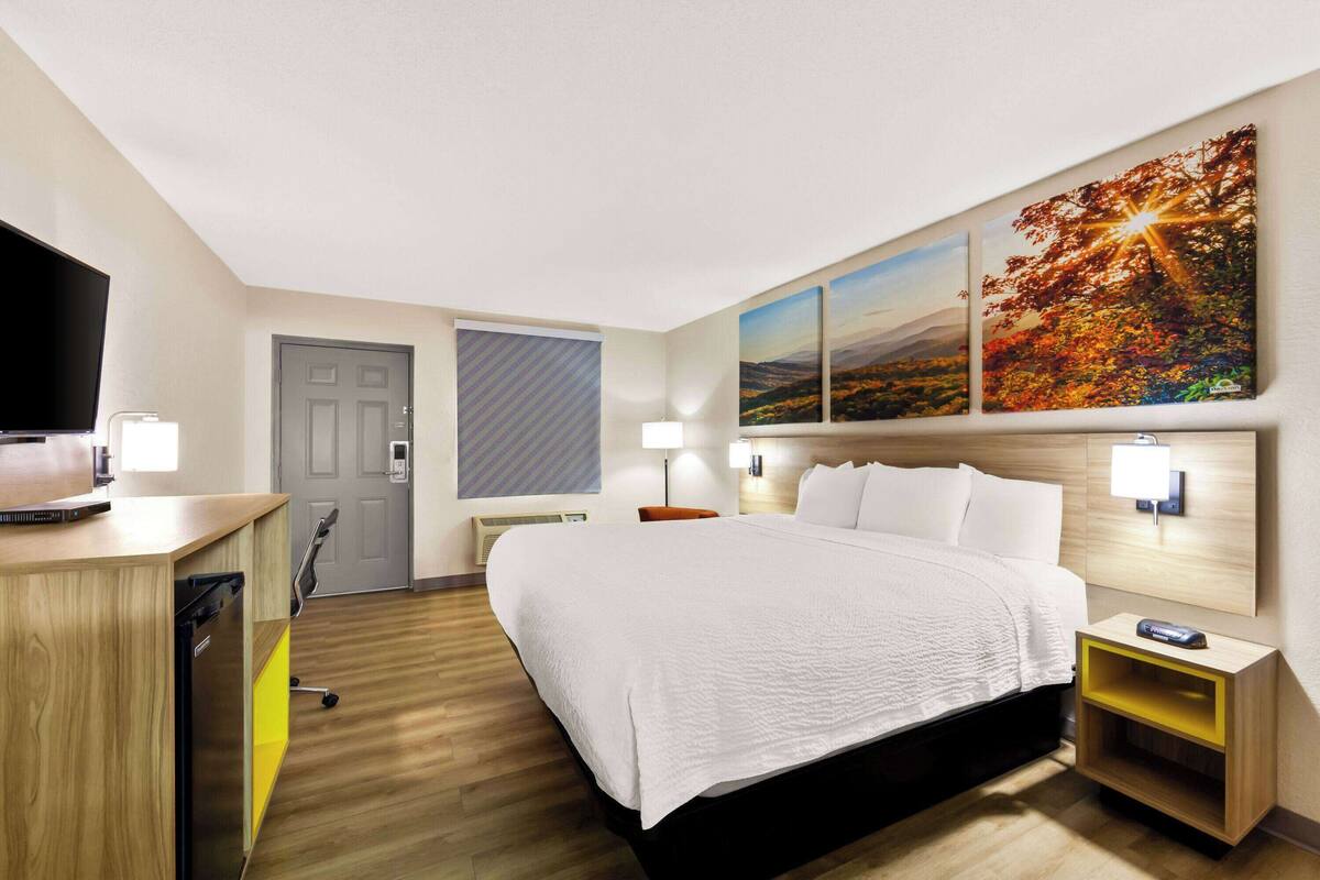 Une chambre d’hôtel comprenant un lit, des tables de chevet, un bureau avec une chaise, une télévision et des œuvres d’art accrochées au mur.