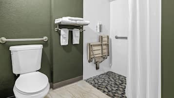 A bathroom with a toilet, a shower, and a grab bar.