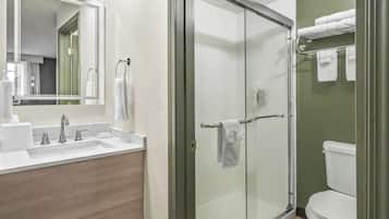 Shower, eco-friendly toiletries, hair dryer, towels