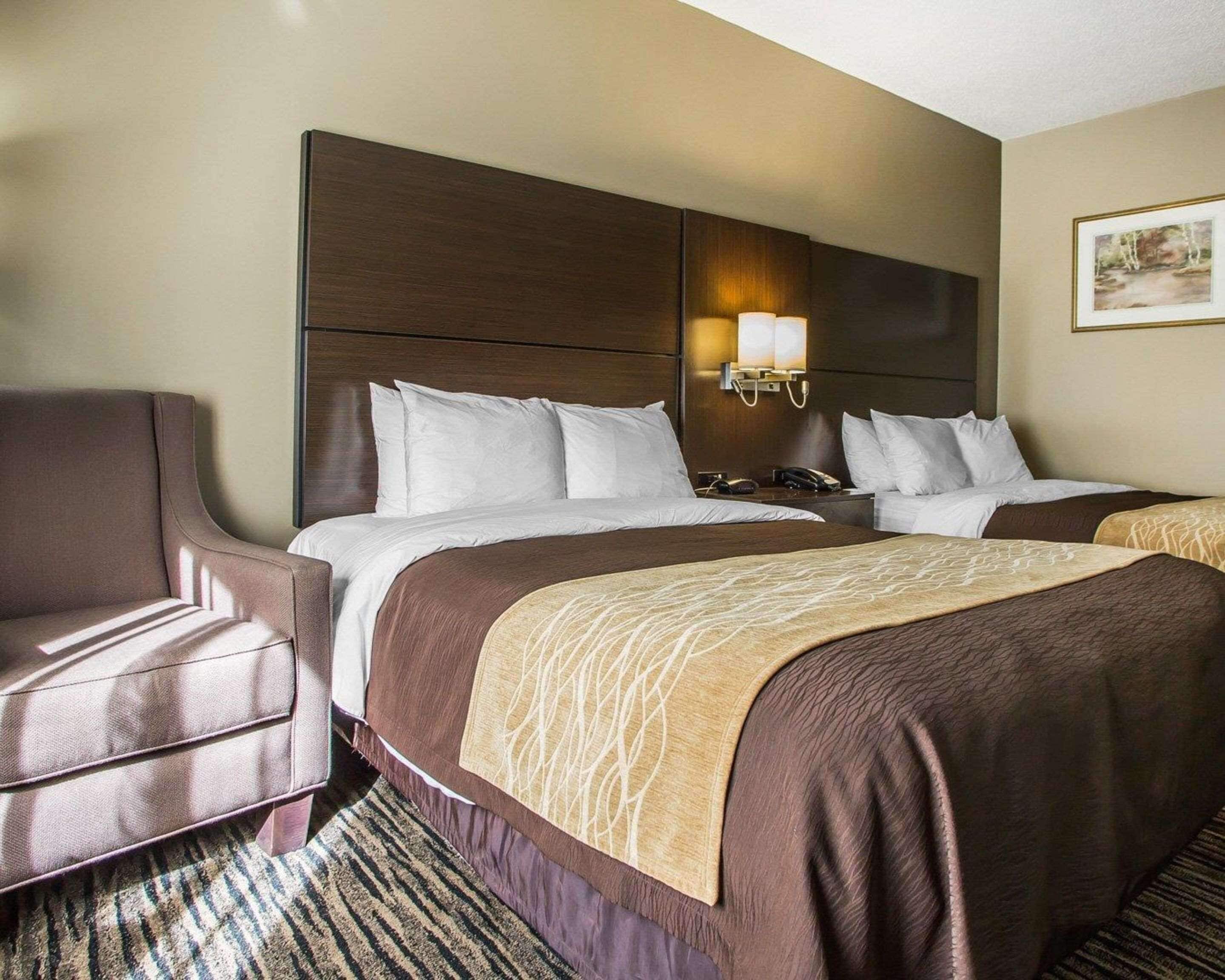 A hotel room with a large bed, a chair, and a nightstand with a lamp.