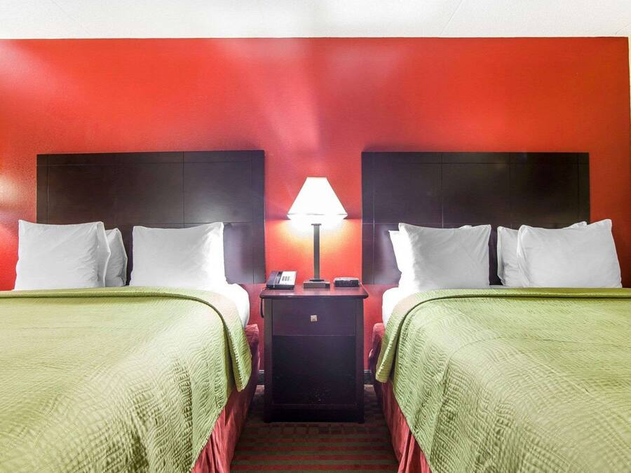 A hotel room with two beds, red walls, a nightstand with a lamp, and a telephone.