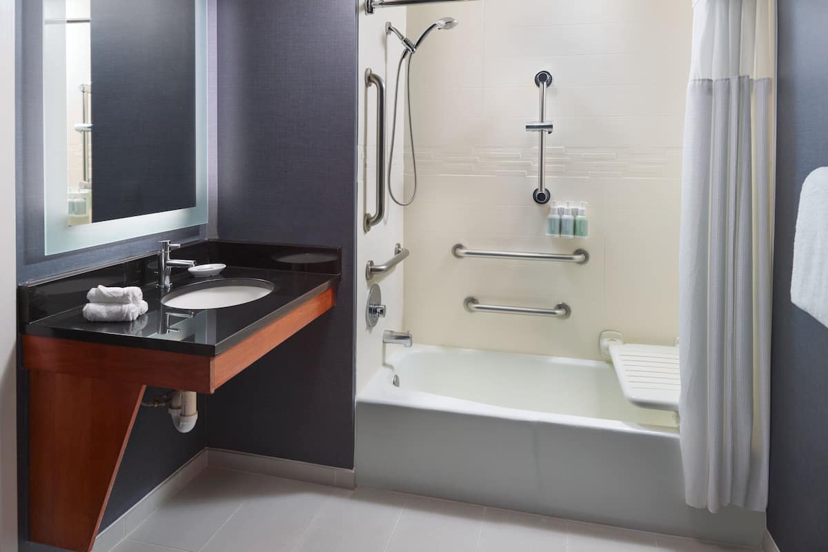 Hair dryer, towels, soap, shampoo