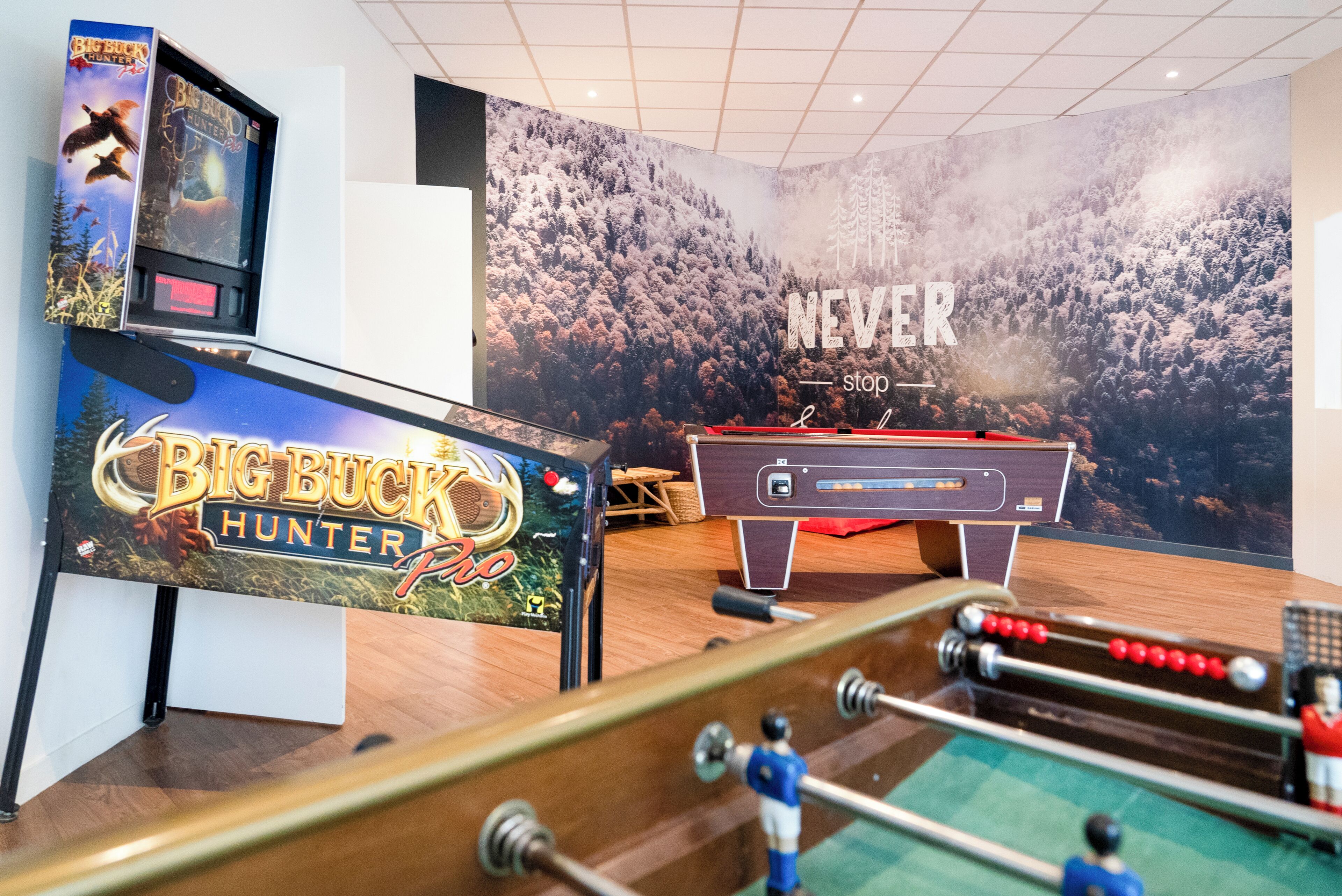 A room with a foosball table, a large poster of a forest, and a Big Buck Hunter game.