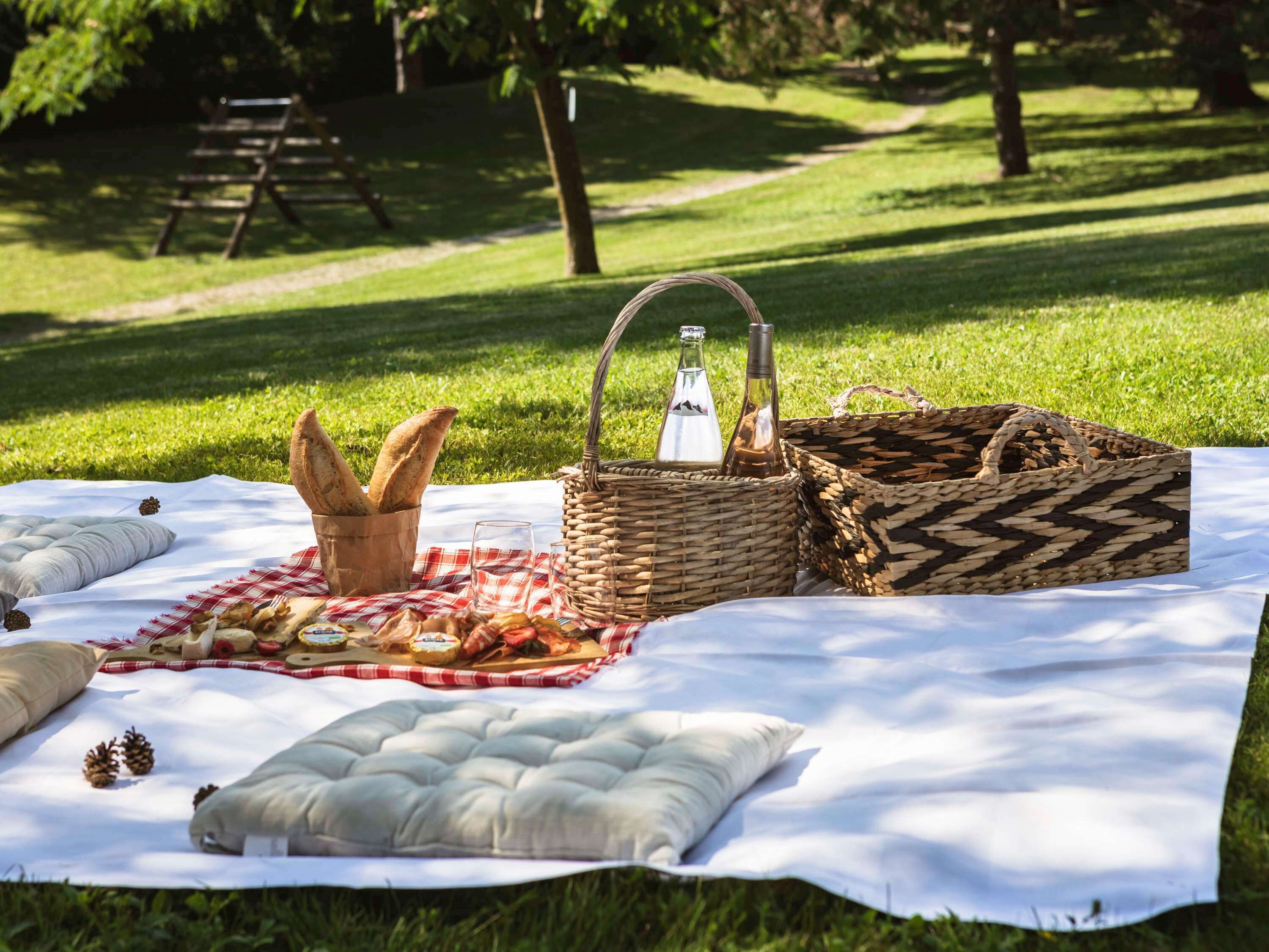 A picnic setup on a grassy area with a blanket, pillows, a basket, and food items.