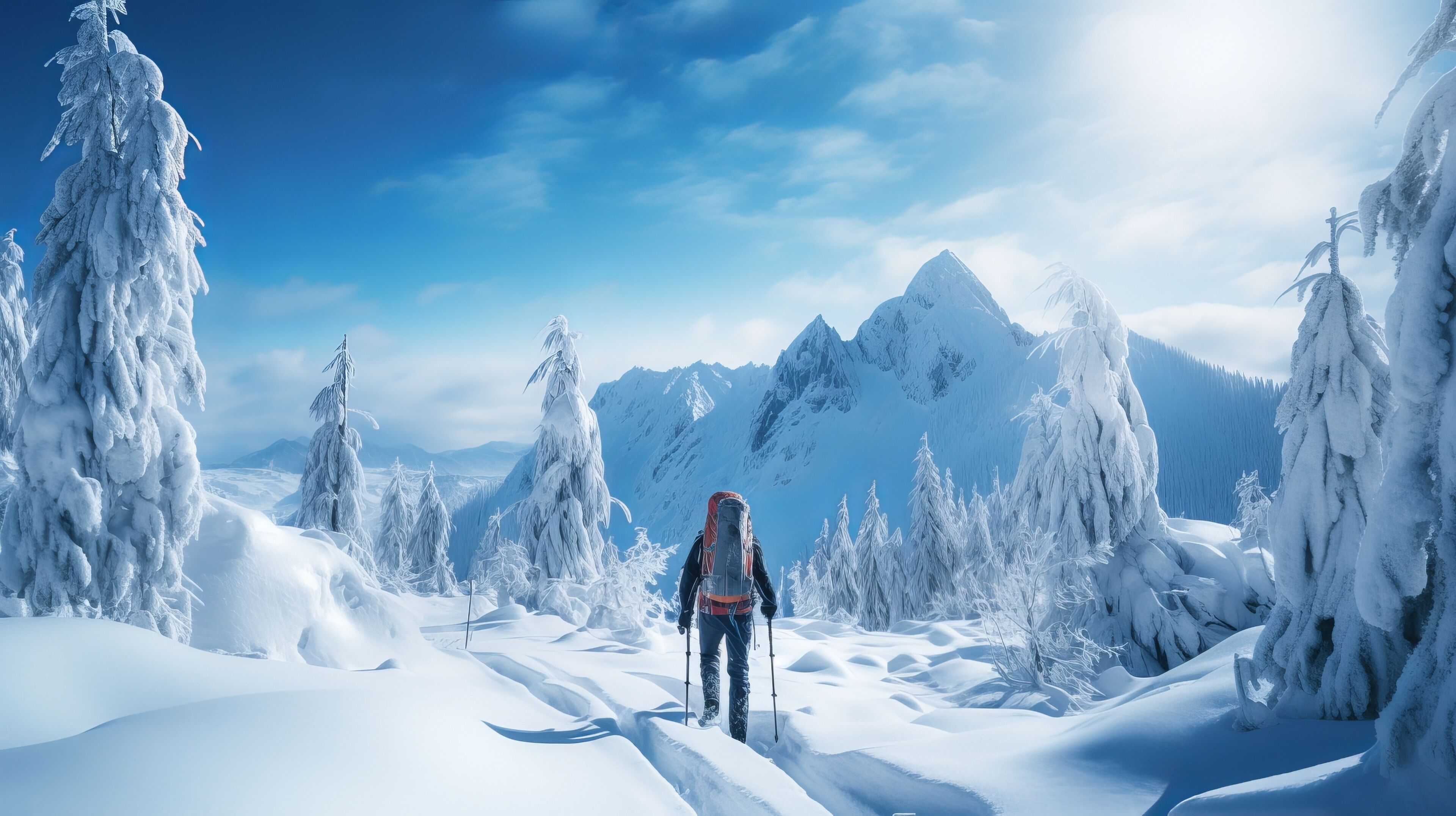 Un paisaje montañoso nevado con una persona haciendo senderismo.
