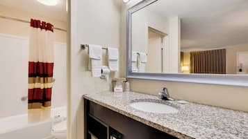 A bathroom with a sink, mirror, towel rack, and a shower curtain.