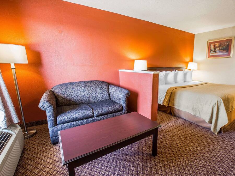 Una habitación de hotel con cama, sofá, mesa y un calentador portátil.