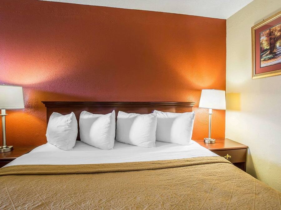 A hotel room with a large bed, two bedside lamps, and a framed picture on the wall.