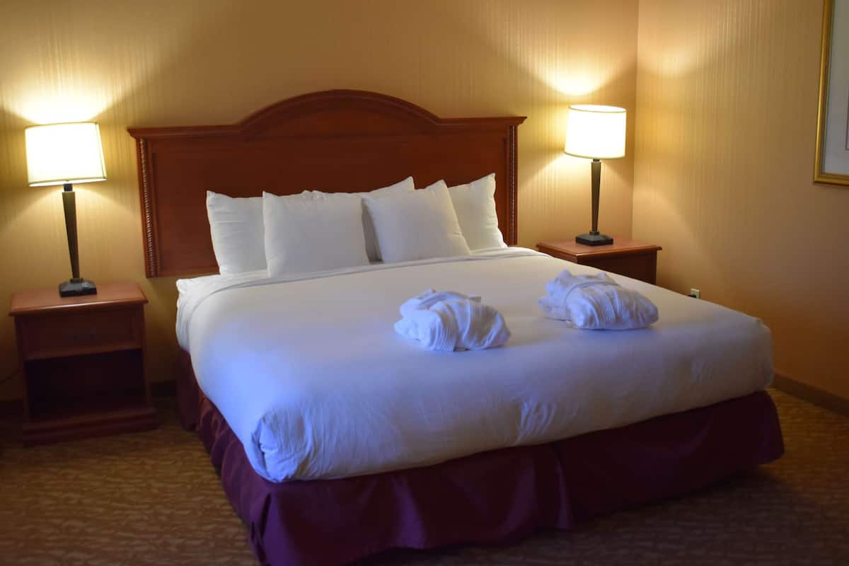 Quarto de hotel com uma cama grande, duas mesas de cabeceira e duas luminárias.