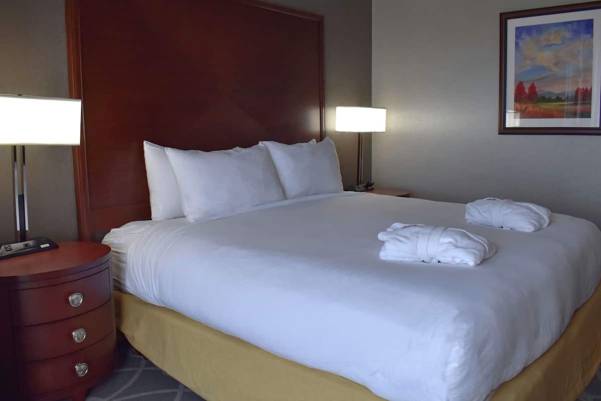 Quarto de hotel com uma cama grande, duas luminárias de cabeceira, uma cabeceira de madeira e um quadro na parede.