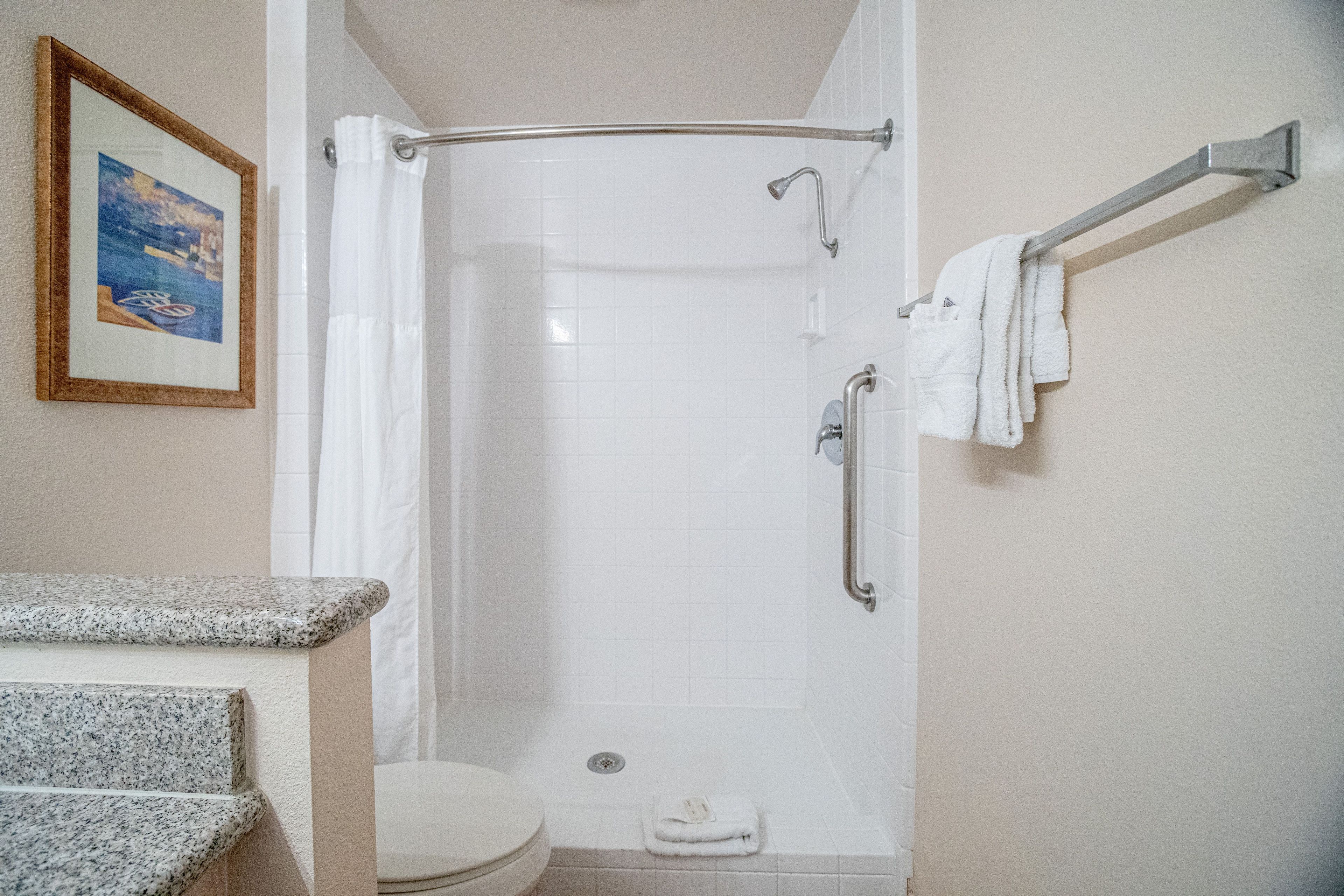 A bathroom with a shower, toilet, and a towel rack.