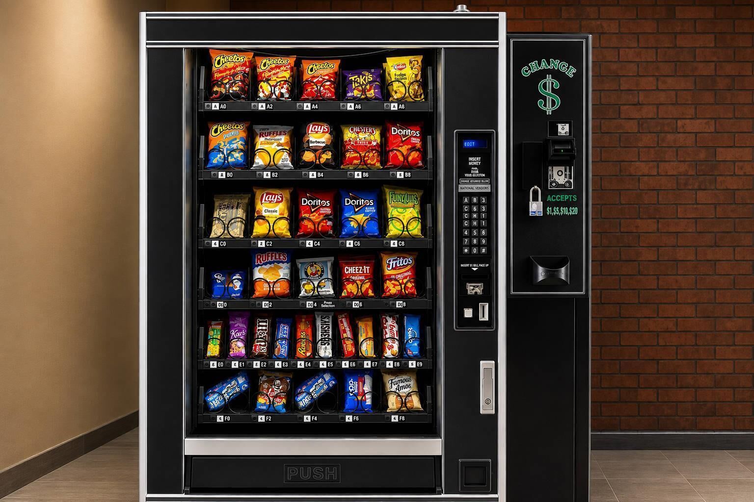 A vending machine with a variety of snack options, including chips and candies, and a digital payment interface.