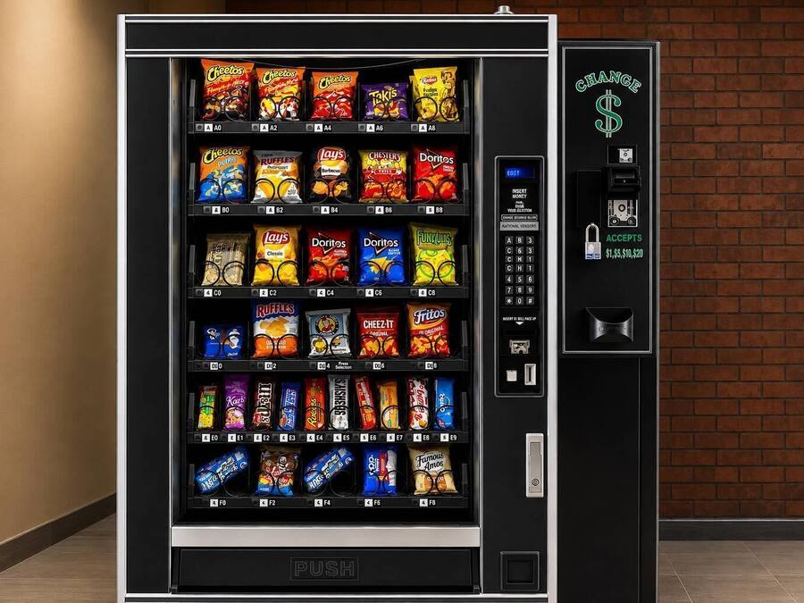 Máquina expendedora con diversas opciones de aperitivos, como papas fritas y dulces, e interfaz de pago digital.