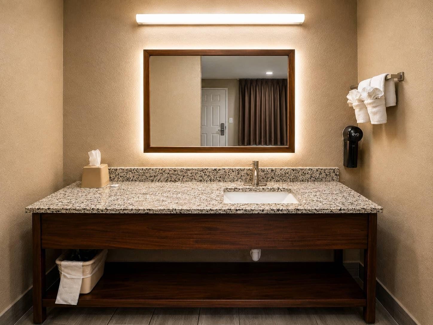 A bathroom with a large mirror, a sink, a towel rack, and a trash bin.