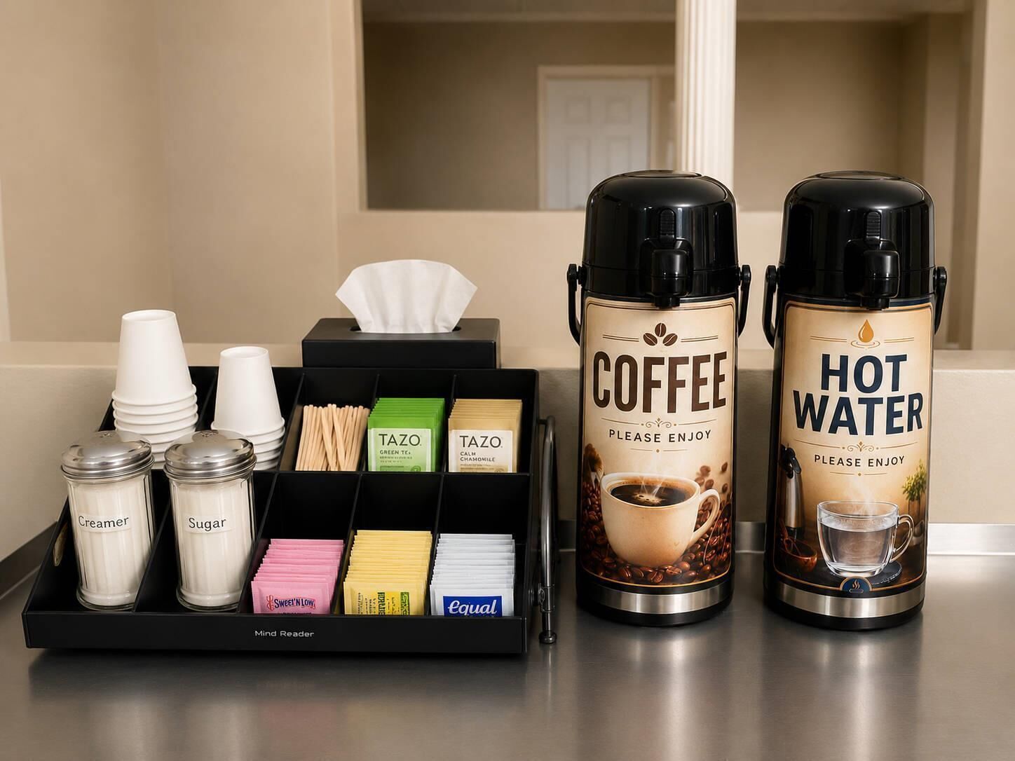 A coffee station with a coffee maker, hot water dispenser, creamer, sugar, and sugar packets.