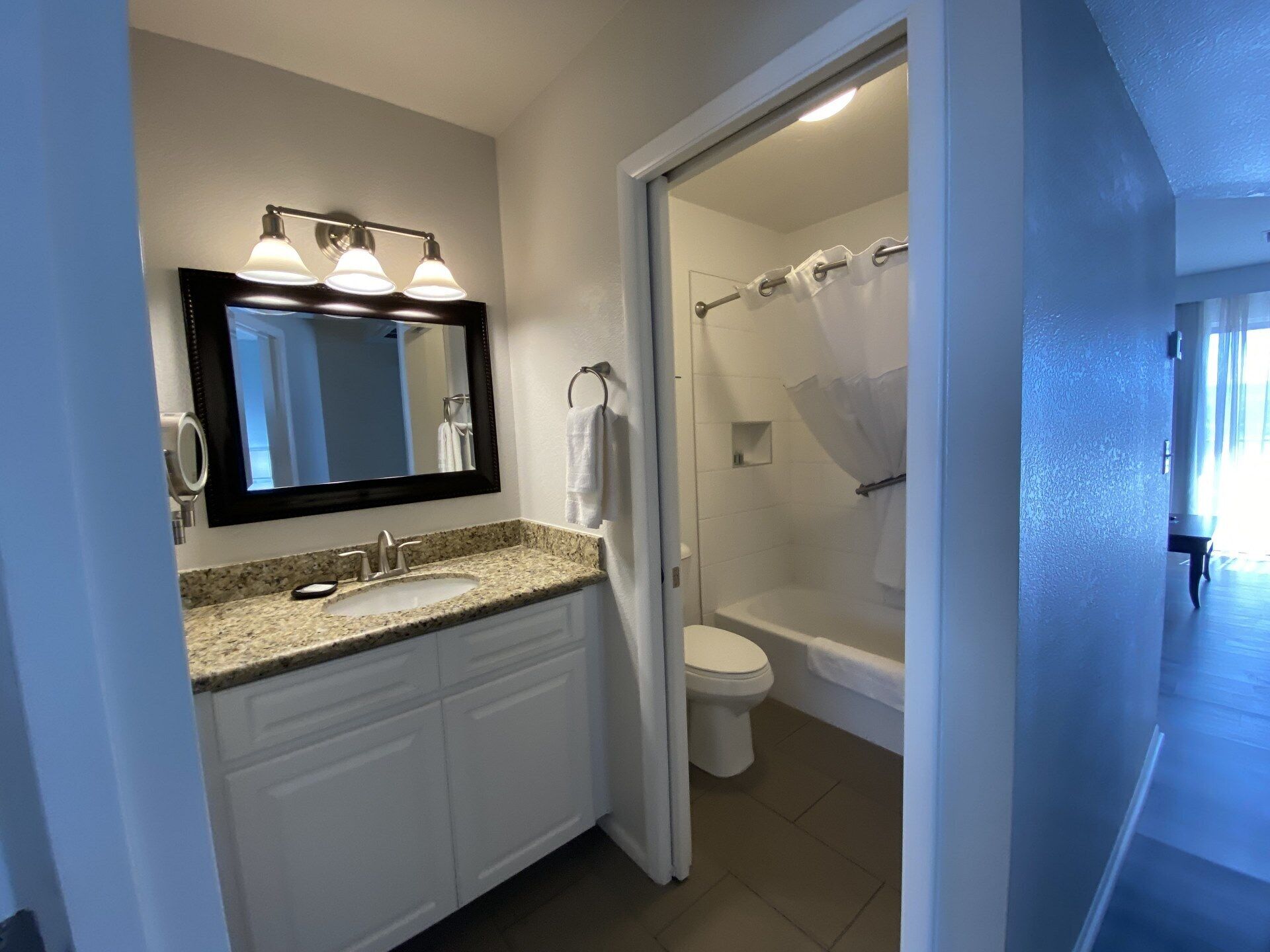 A bathroom with a granite countertop sink, a mirror, a toilet, and a shower with a curtain.