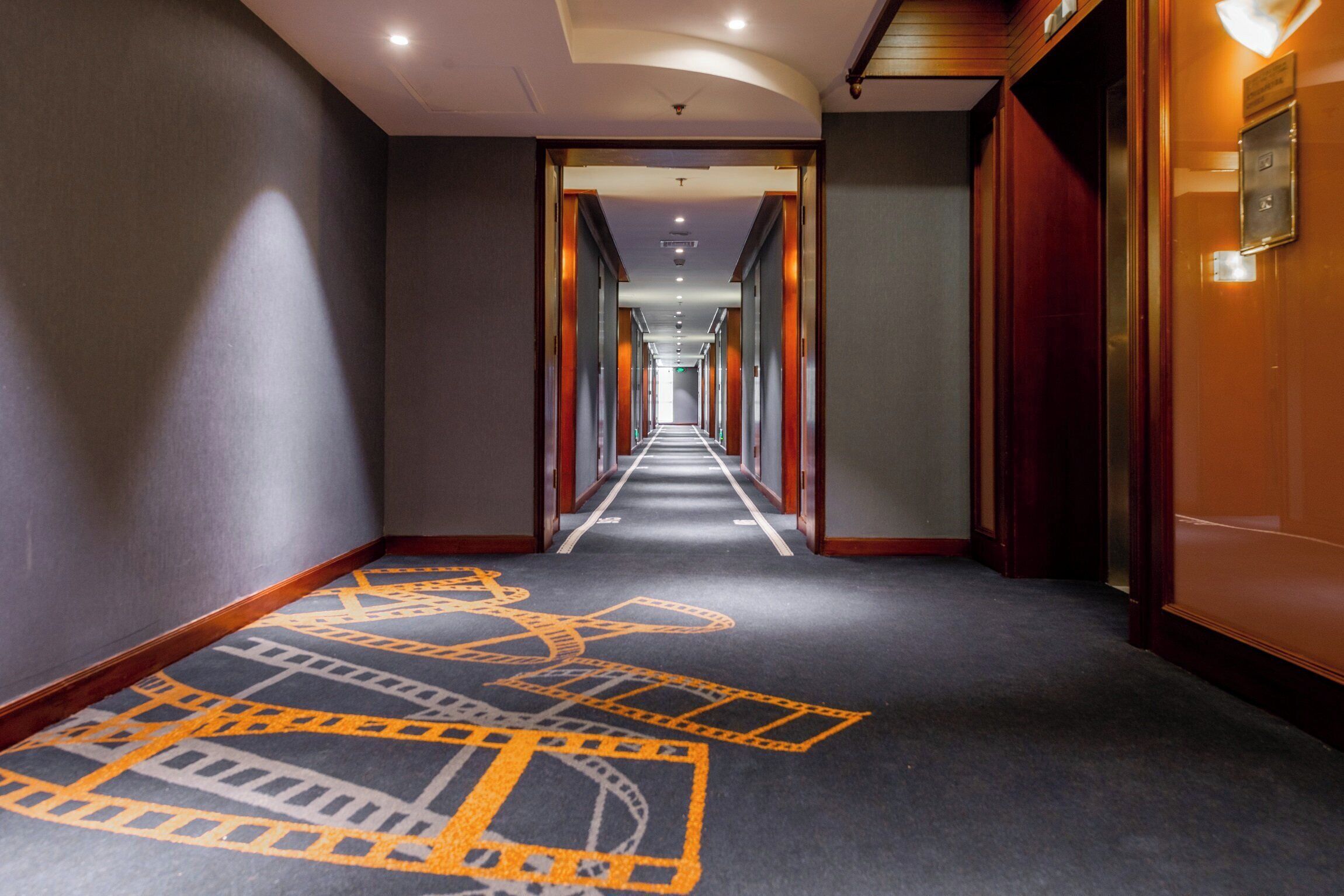 A hotel corridor with a carpeted floor, doors on both sides, and a ceiling with recessed lighting.