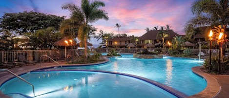 2 outdoor pools, open 8:00 AM to 10:00 PM, pool umbrellas, sun loungers