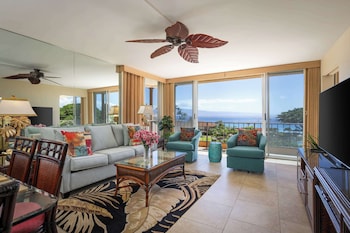 Premium Suite (1 Bedroom Ocean View) | Living area | 50-inch LCD TV with cable channels, TV at Aston Maui Kaanapali Villas