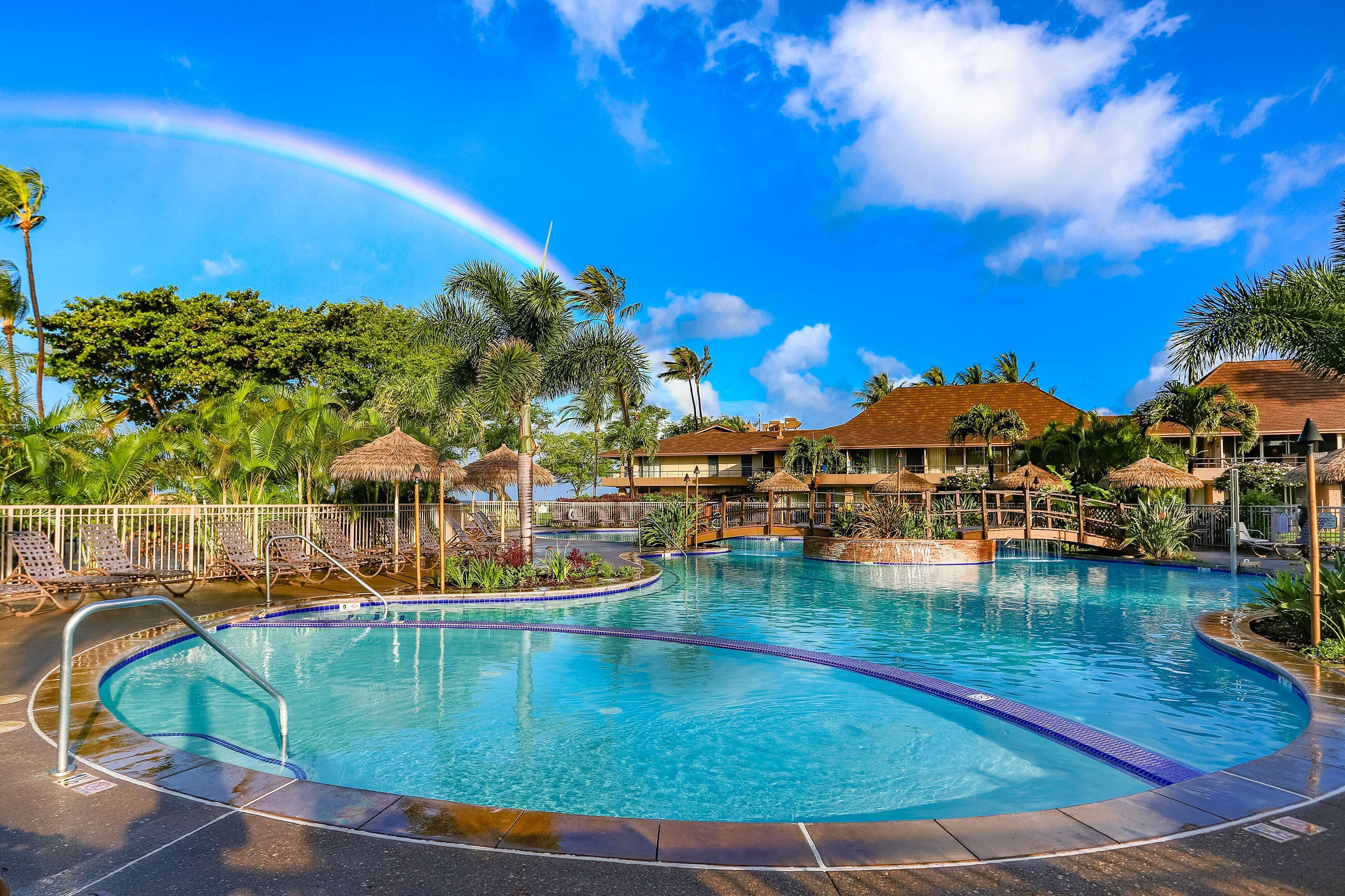 Une piscine avec un arc-en-ciel, des palmiers et des bâtiments d’un complexe hôtelier.