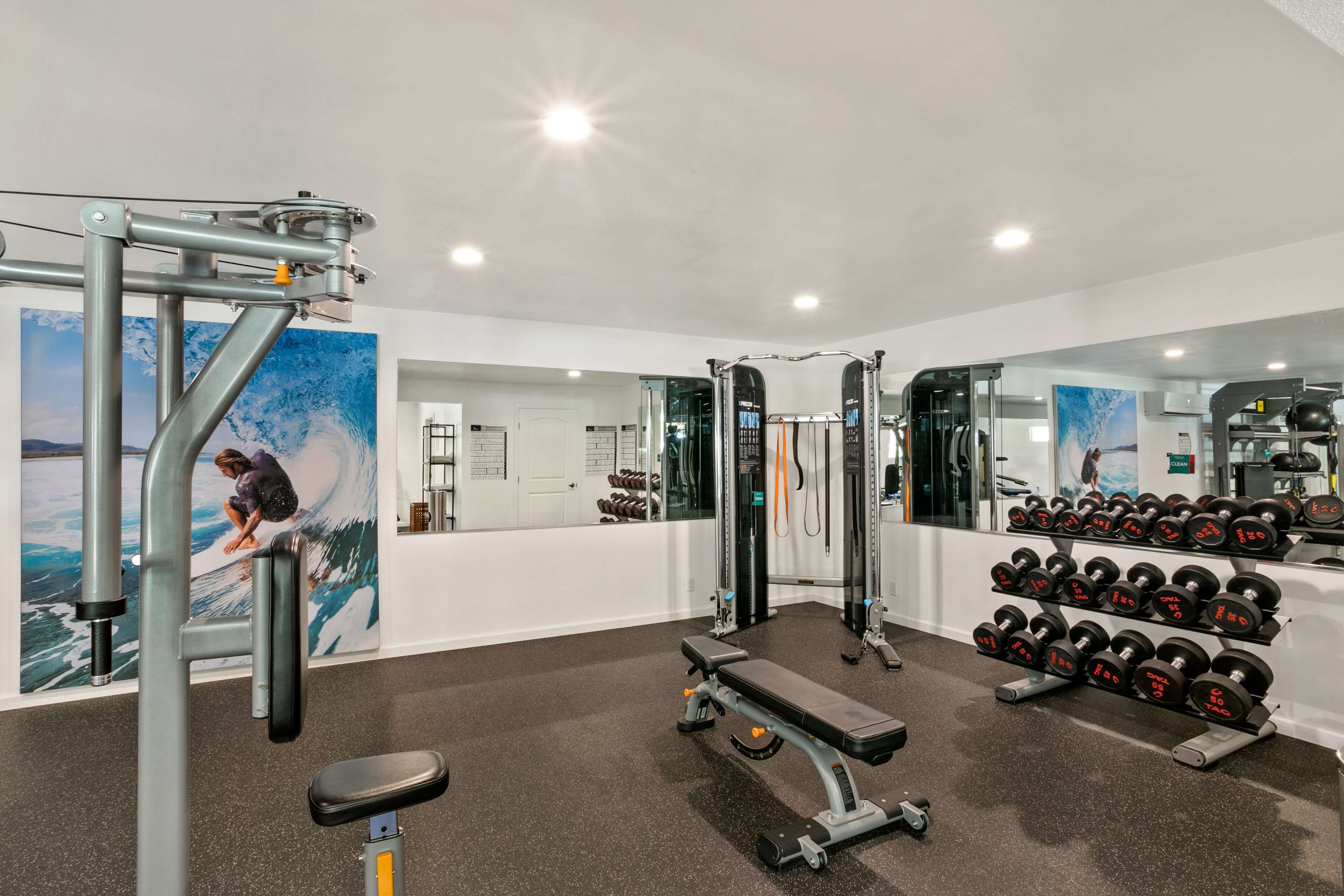 A gym with exercise equipment, a bench, and a rack of dumbbells.