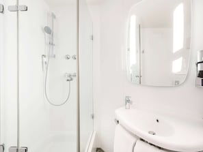 Shower, eco-friendly toiletries, hair dryer, towels