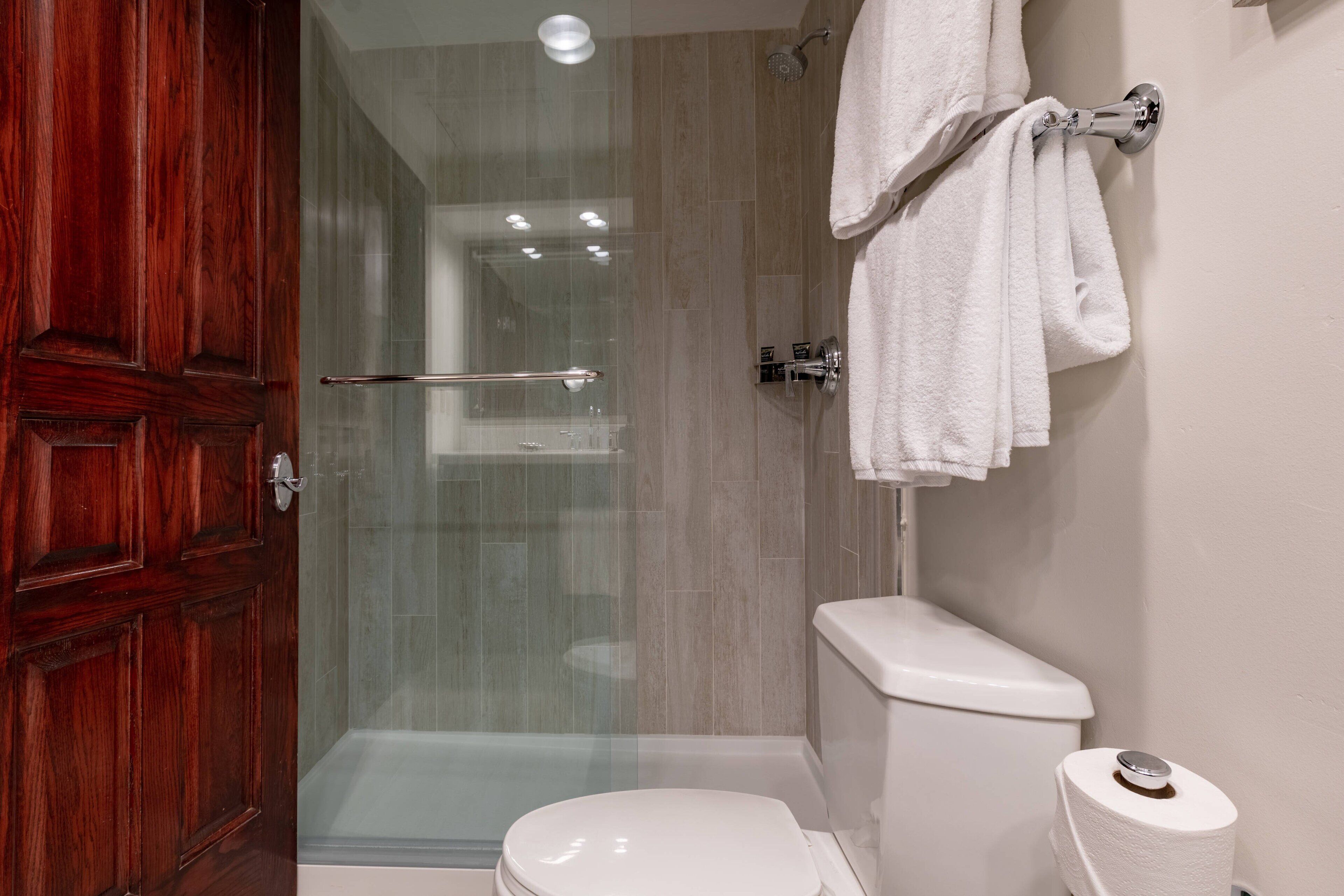 A bathroom with a glass shower enclosure, a white toilet, and a wooden door.