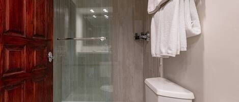 Une salle de bain avec une douche à parois de verre, des toilettes blanches et une porte en bois.