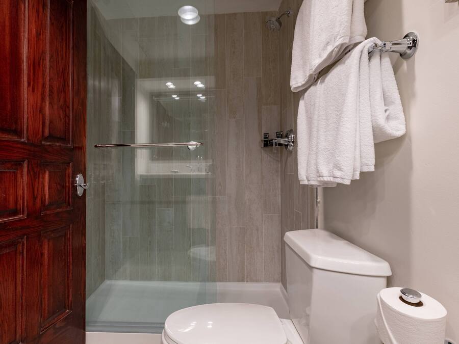 A bathroom with a glass shower enclosure, a white toilet, and a wooden door.