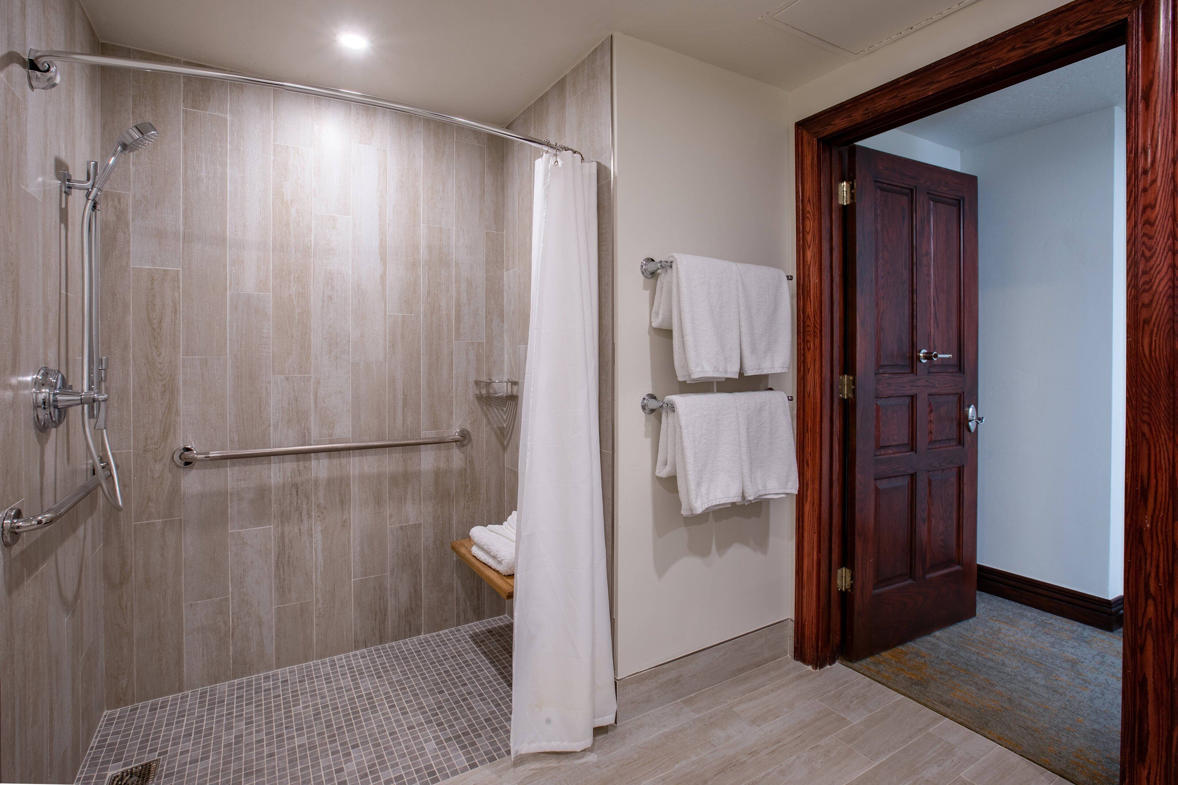A modern bathroom with a walk-in shower, grab bars, a towel rack, and a wooden door.
