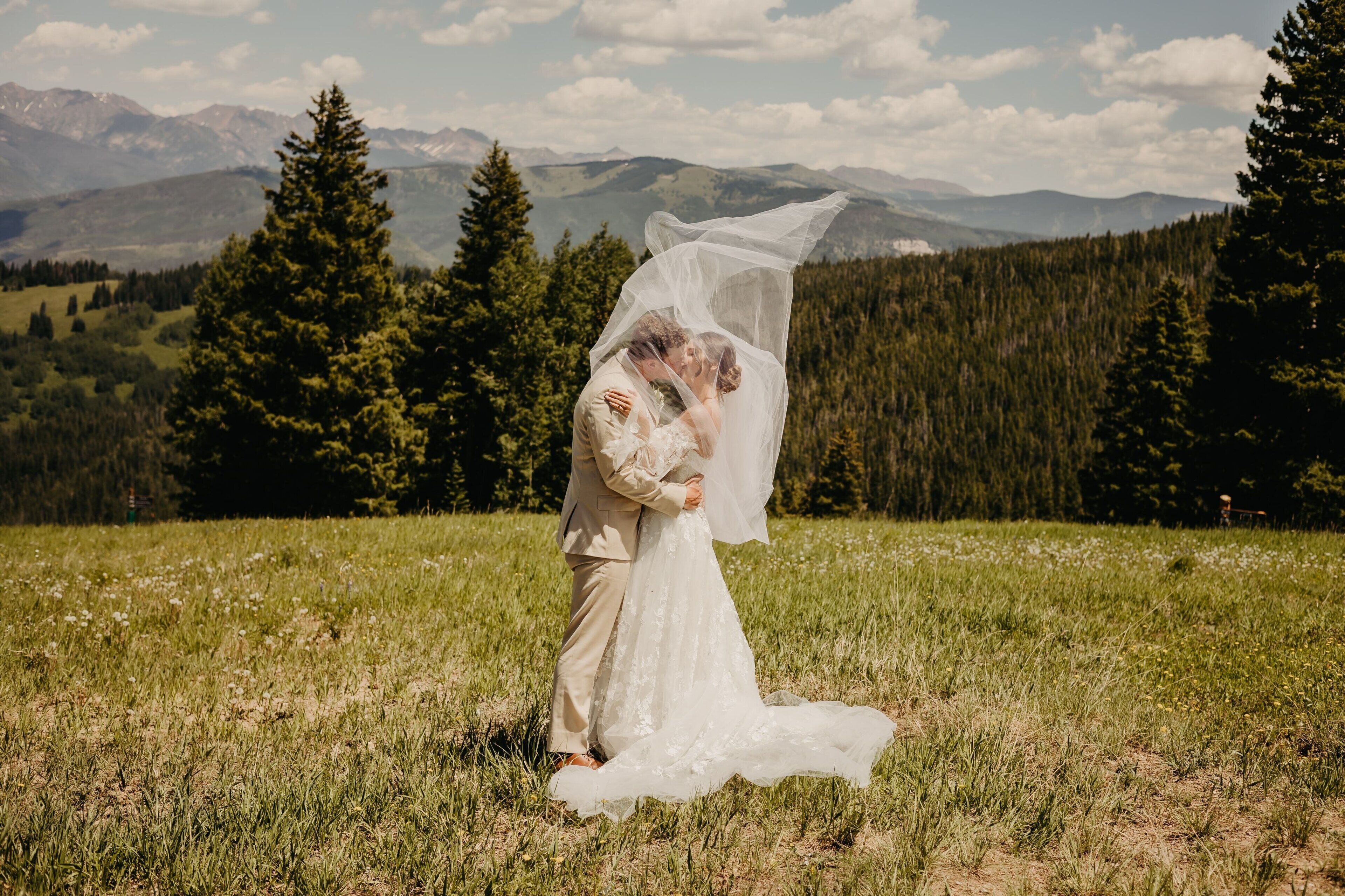 Un couple s’embrasse dans un champ, avec une chaîne de montagnes en arrière-plan.