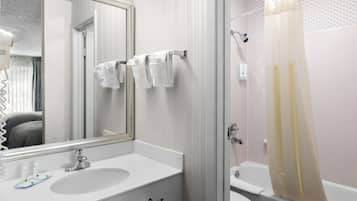 Combined shower/tub, deep soaking tub, free toiletries, hair dryer
