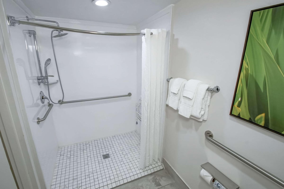 A modern bathroom with a walk-in shower, grab bars, a toilet paper holder, and a towel rack.