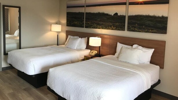 Ein Hotelzimmer mit zwei Betten, einem großen Gemälde eines Sonnenuntergangs und einem Spiegel an der Wand.