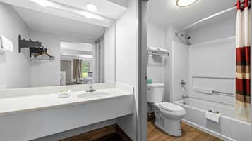 A modern bathroom with a vanity, sink, mirror, toilet, and shower.
