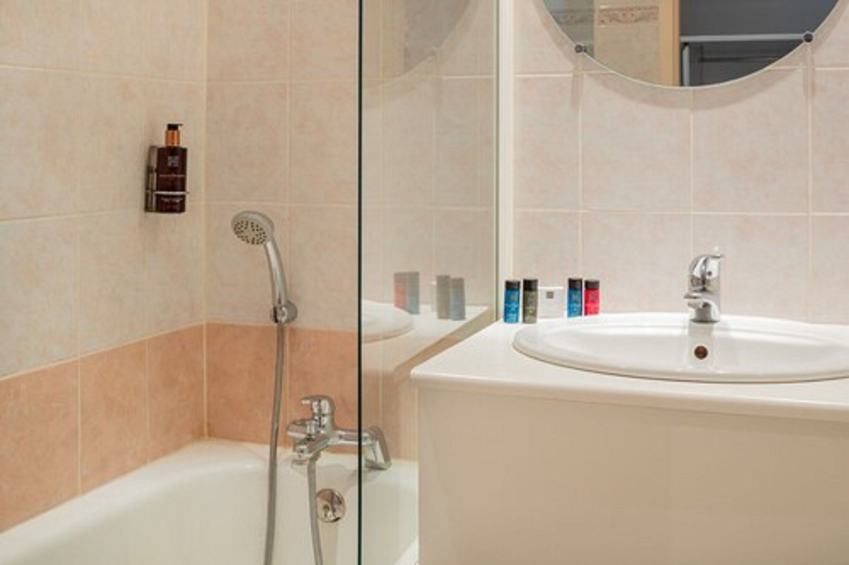 hair dryer, towels, soap, shampoo