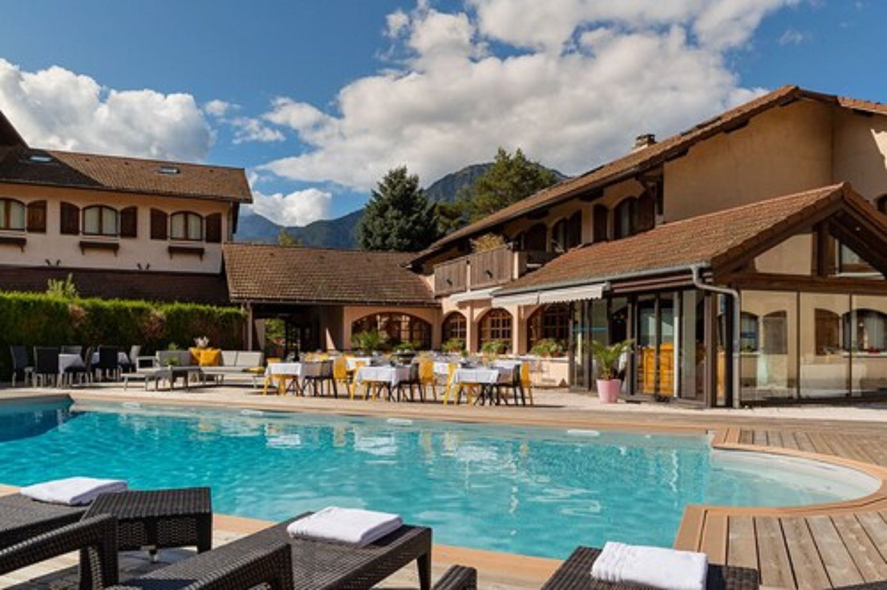 seasonal outdoor pool, pool umbrellas, pool loungers